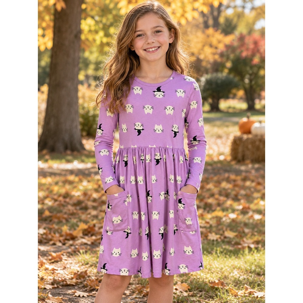 Hanna Andersson Girls Purple Witch Cat Long Sleeve Pocket Skater Dress US 10